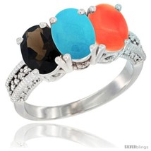 Size 10 - 14K White Gold Natural Smoky Topaz, Turquoise &amp; Coral Ring 3-Stone  - £590.90 GBP
