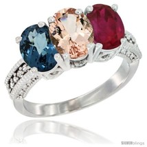 Size 7.5 - 10K White Gold Natural London Blue Topaz, Morganite &amp; Ruby Ring  - £477.17 GBP