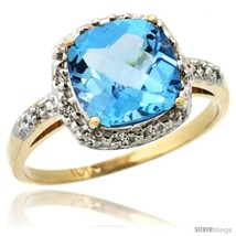 Size 5 - 10k Yellow Gold Diamond Swiss Blue Topaz Ring 2.08 ct Cushion cut 8 mm  - £374.41 GBP