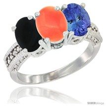 Size 5 - 10K White Gold Natural Black Onyx, Coral &amp; Tanzanite Ring 3-Stone Oval  - £463.38 GBP