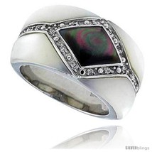 Size 8 - Black &amp; White Mother of Pearl Band in Solid Sterling Silver, Ac... - £41.65 GBP