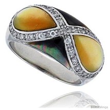 Size 6 - Yellow & Black Mother of Pearl Dome Band in Solid Sterling Silver,  - £33.16 GBP
