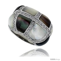 Size 7 - Black & White Mother of Pearl Dome Band in Solid Sterling Silver,  - £53.26 GBP