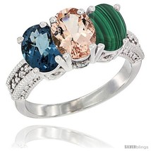 Size 7 - 10K White Gold Natural London Blue Topaz, Morganite &amp; Malachite Ring  - £454.12 GBP