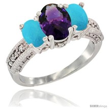 Size 7.5 - 10K White Gold Ladies Oval Natural Amethyst 3-Stone Ring with  - £447.09 GBP