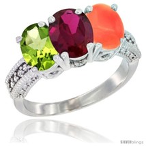 Size 7 - 14K White Gold Natural Peridot, Ruby &amp; Coral Ring 3-Stone Oval 7x5 mm  - £580.02 GBP