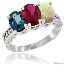 Size 5 - 10K White Gold Natural London Blue Topaz, Ruby &amp; Opal Ring 3-Stone  - $561.36