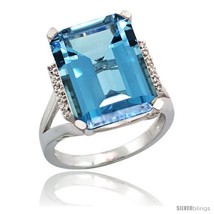 Size 9 - 10k White Gold Diamond London Blue Topaz Ring 12 ct Emerald Cut 16x12  - £702.70 GBP