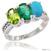 Size 7 - 14K White Gold Natural Peridot, Emerald &amp; Turquoise Ring 3-Stone Oval  - £628.14 GBP