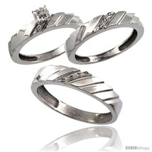 Size 9 - 14k White Gold 3-Pc. Trio His (5mm) &amp; Hers (4mm) Diamond Wedding Ring  - £787.51 GBP