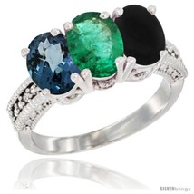 Size 8.5 - 10K White Gold Natural London Blue Topaz, Emerald &amp; Black Onyx Ring  - £468.29 GBP