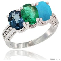 Size 5 - 10K White Gold Natural London Blue Topaz, Emerald &amp; Turquoise Ring  - £488.68 GBP