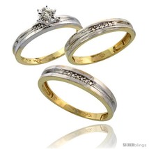 Size 9 - 10k Yellow Gold Diamond Trio Wedding Ring Set His 4mm &amp; Hers 3.5mm  - £602.61 GBP