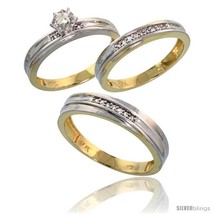 Size 9 - 10k Yellow Gold Diamond Trio Wedding Ring Set His 5mm &amp; Hers 3.5mm  - £648.90 GBP