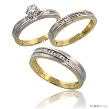 Size 9.5 - 10k Yellow Gold Diamond Trio Wedding Ring Set His 5mm &amp; Hers 3.5mm  - £655.06 GBP