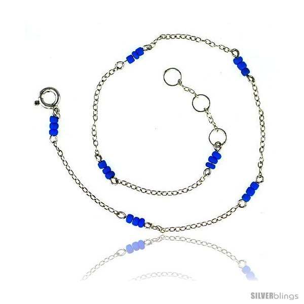 Sterling Silver Anklet Turquoise Glass Seed Beads, adjustable 9 - 10  - $15.44