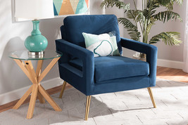 Prewitt Navy Blue Velvet Fabric Upholstered and Gold Finished Armchair  - $11,149.98 MXN