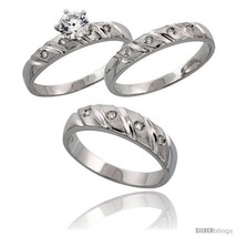 Size 5 - Sterling Silver 3-Piece Trio His (5.5 mm) &amp; Hers (4 mm) CZ Wedd... - $111.85