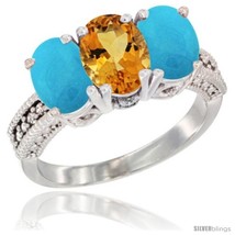 Size 5.5 - 10K White Gold Natural Citrine &amp; Turquoise Ring 3-Stone Oval 7x5 mm  - £479.40 GBP