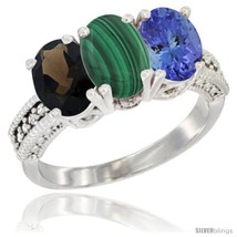 Size 8.5 - 14K White Gold Natural Smoky Topaz, Malachite &amp; Tanzanite Ring  - £603.79 GBP