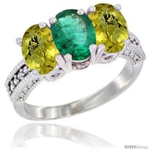 Size 9 - 14K White Gold Natural Emerald Ring with Lemon Quartz 3-Stone 7x5 mm  - £596.47 GBP