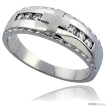 Size 10 - Sterling Silver Men&#39;s Wedding Ring CZ Stones Rhodium Finish, 9/32 in.  - £53.23 GBP