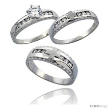 Size 5 - Sterling Silver 3-Piece His 7 mm &amp; Hers 5 mm Trio Wedding Ring Set CZ  - £101.22 GBP