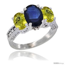 Size 9 - 14K White Gold Ladies 3-Stone Oval Natural Blue Sapphire Ring with  - £711.61 GBP