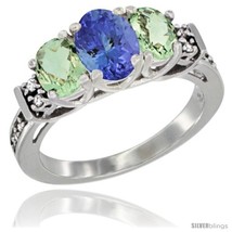 Size 5 - 14K White Gold Natural Tanzanite &amp; Green Amethyst Ring 3-Stone Oval  - £599.13 GBP