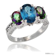 Size 9.5 - 14K White Gold Ladies 3-Stone Oval Natural London Blue Topaz Ring  - £637.55 GBP