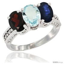 Size 7 - 10K White Gold Natural Garnet, Aquamarine &amp; Blue Sapphire Ring 3-Stone  - £510.29 GBP