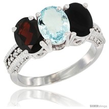 Size 5 - 10K White Gold Natural Garnet, Aquamarine &amp; Black Onyx Ring 3-Stone  - $575.66