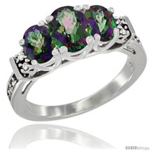 Size 8.5 - 14K White Gold Natural Mystic Topaz Ring 3-Stone Oval with Diamond  - £572.89 GBP