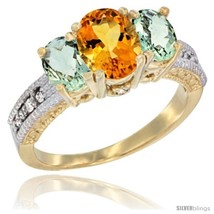 Size 8.5 - 14k Yellow Gold Ladies Oval Natural Citrine 3-Stone Ring with Green  - £563.57 GBP