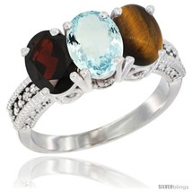 Size 7 - 10K White Gold Natural Garnet, Aquamarine &amp; Tiger Eye Ring 3-Stone  - £460.15 GBP