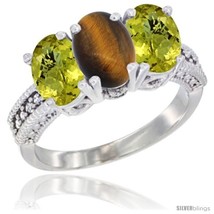 Size 7 - 14K White Gold Natural Tiger Eye Ring with Lemon Quartz 3-Stone 7x5 mm  - £563.88 GBP
