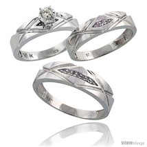 Size 5.5 - 10k White Gold Diamond Trio Wedding Ring Set His 6mm &amp; Hers  - £662.54 GBP