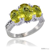 Size 7.5 - 14K White Gold Ladies 3-Stone Oval Natural Lemon Quartz Ring Diamond  - £639.40 GBP