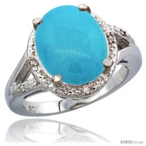 Size 9 - 10K White Gold Natural Turquoise Ring Oval 12x10 Stone Diamond  - £602.41 GBP