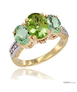 Size 5 - 14K Yellow Gold Ladies 3-Stone Oval Natural Peridot Ring with Green  - £648.47 GBP
