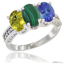 Size 8 - 14K White Gold Natural Lemon Quartz, Malachite Ring with Tanzanite  - £614.49 GBP