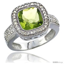 Size 8 - 14k White Gold Ladies Natural Peridot Ring Diamond Accent, Cushion-cut  - £936.93 GBP