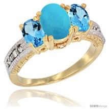 Size 6 - 10K Yellow Gold Ladies Oval Natural Turquoise 3-Stone Ring with Swiss  - £452.58 GBP