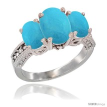 Size 9.5 - 10K White Gold Ladies Natural Turquoise Oval 3 Stone Ring Diamond  - £549.38 GBP