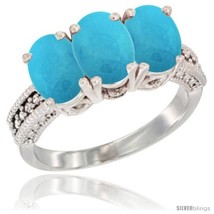 Size 5 - 10K White Gold Natural Turquoise Ring 3-Stone Oval 7x5 mm Diamond  - £488.68 GBP