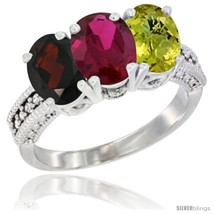 Size 8 - 10K White Gold Natural Garnet, Ruby &amp; Lemon Quartz Ring 3-Stone Oval  - $558.66