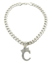 King &amp; Queen Initial Letter C Crystals Pendant Silver-tone Cuban Chain Necklace - £19.92 GBP