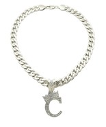 King &amp; Queen Initial Letter C Crystals Pendant Silver-tone Cuban Chain N... - £19.97 GBP