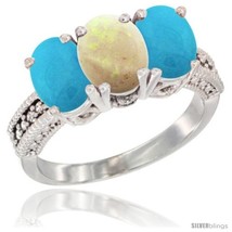 Size 7 - 10K White Gold Natural Opal &amp; Turquoise Ring 3-Stone Oval 7x5 mm  - £475.72 GBP