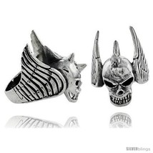 Size 13 - Sterling Silver Gothic Biker Skull Ring w/ Wings, 1 1/4 in  - £105.01 GBP